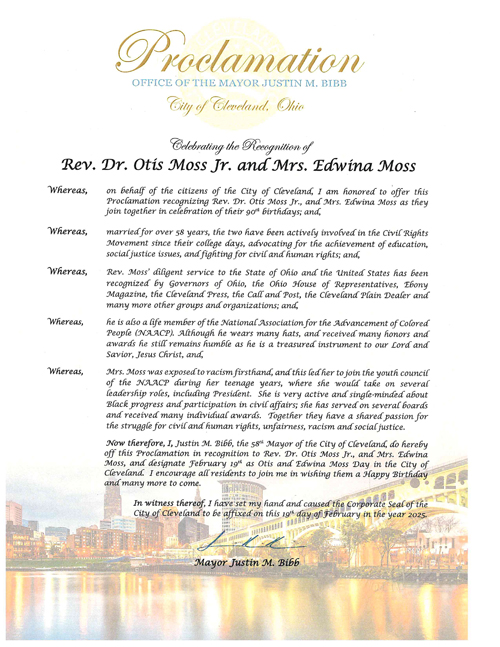 Proclamation from Cleveland for Otis and Edwina Moss