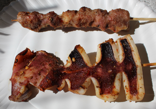 BBQ Lamb and Squid skewers