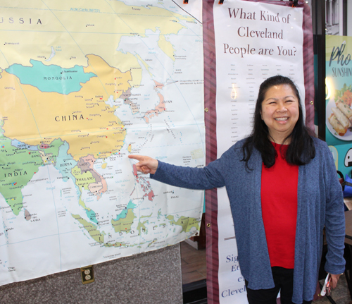 Pointing to the map of Taiwan