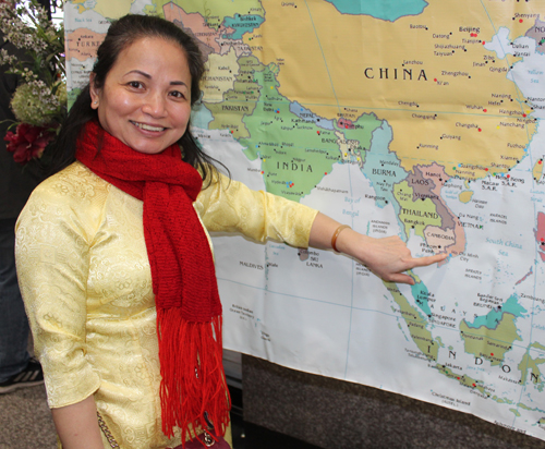 Pointing to the map of Vietnam