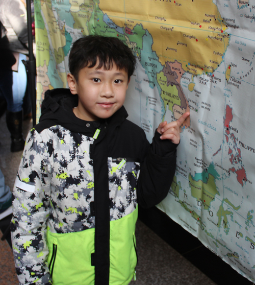 Pointing to the map of Vietnam