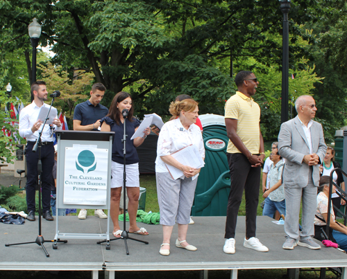 One World Day Parade of Flags MCs with Mayor Justin Bibb