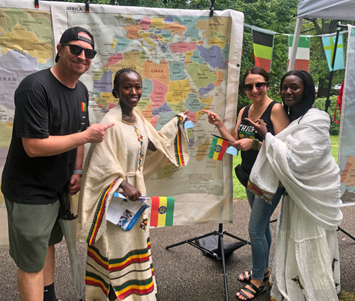 Pointing to the map of Ethiopia