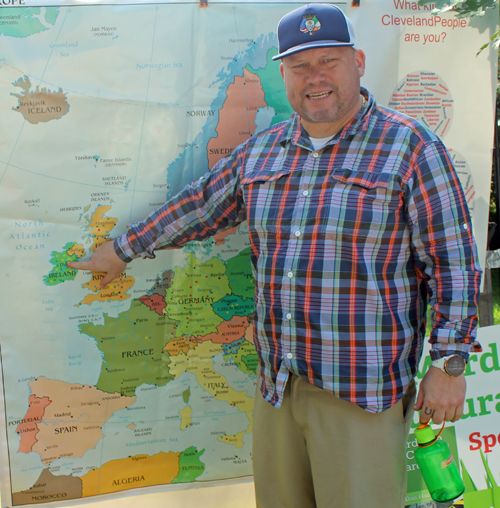 Francis McGarry pointing to County Roscommon in Ireland