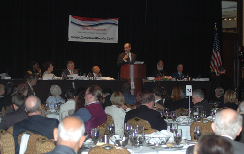 Seven Hills Mayor Richard DellAquila inducting Fr. Mikhail Mikhail into the Cleveland International Hall of Fame