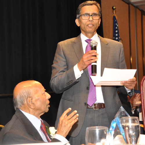 Suresh Bafna reading the acceptance speech for his father Dr. Mohan Bafna who was just inducted into the 2016 class of the Cleveland International Hall of Fame