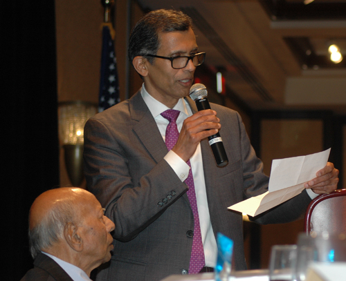 Suresh Bafna reading the acceptance speech for his father Dr. Mohan Bafna who was just inducted into the 2016 class of the Cleveland International Hall of Fame