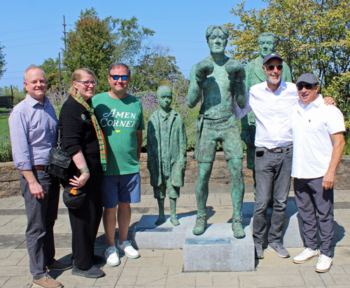 Posing with the Johnny Kilbane statue in Cleveland's Battery Park