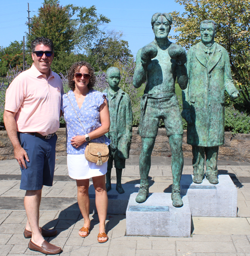 Posing with the Johnny Kilbane statue in Cleveland's Battery Park