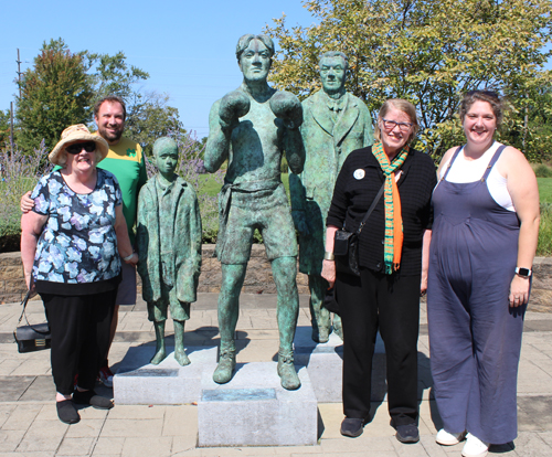 Posing with the Johnny Kilbane statue in Cleveland's Battery Park