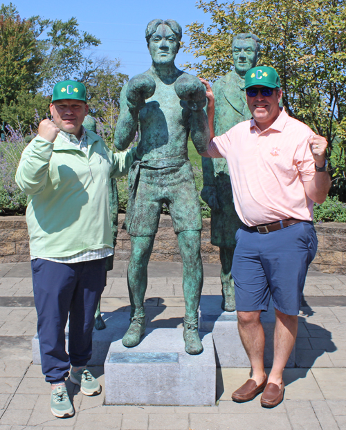 Posing with the Johnny Kilbane statue in Cleveland's Battery Park