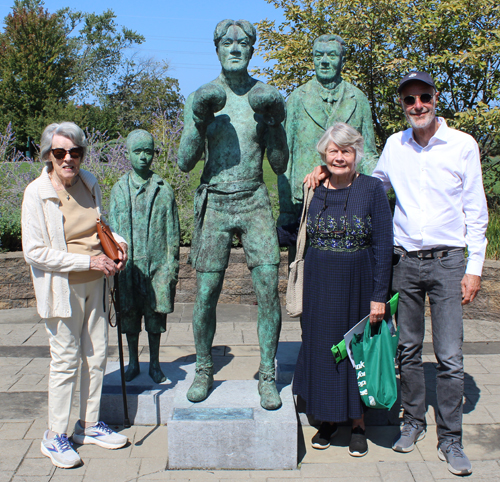 Posing with the Johnny Kilbane statue in Cleveland's Battery Park