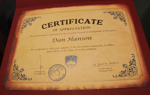 Certificater of Appreciation for Dan Hanson