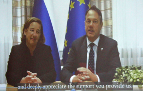 State Secretary for Slovenians abroad Vesna Humar and Slovenian Deputy Prime Minister and Minister for Slovenians abroad Matej Arcon via video